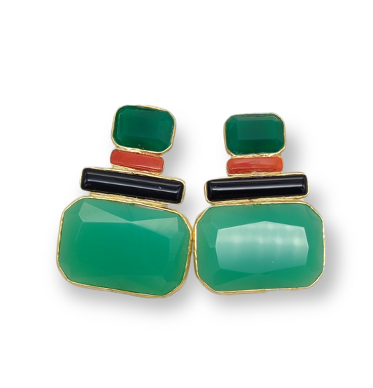 Orecchini Agata verde, Corallo, Onice.